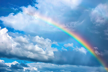Generative ai on theme of beautiful tranquil landscape with magical bright rainbow at cloudy sky