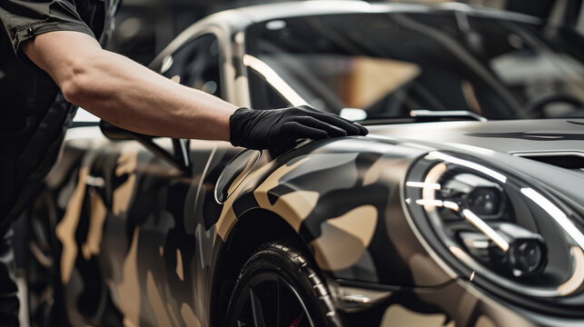 Car wrapping specialist at work applying camouflage car wrap on sportscar. Camo car film installation service
