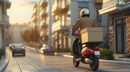 A courier on a scooter delivers food to the suburbs.