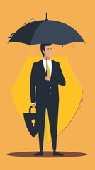 Antivirus Security Concept: Handsome Businessman Holding Safety Umbrella and Shield with Lock, Protecting Sensitive Data