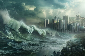 Generative ai on theme of a scary tsunami with huge foamy wave, apocalyptic dramatic background