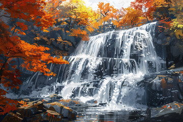 Generative ai on theme of beautiful majestic waterfall in natural nature, national park attraction