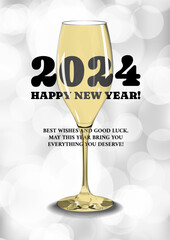 Happy New Year celebration congratulation design with realistic 3D champagne glass