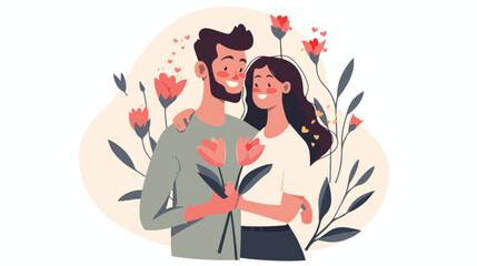 Happy man and woman meeting hugging holding flowers illustration