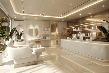 A spa with a white theme and a lot of white furniture