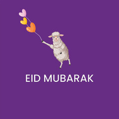 Eid Al Adha festival. Greeting card with sacrificial sheep and crescent on cloudy night background.