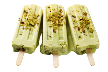 Emerald Dream: Three Delectable Popsicles Adorned With Crunchy Pistachios on Transparent PNG Background...