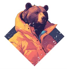 Bear mascot illustration in oversized jacket, vector logo style, e-sport gamer style, on isolated background.
