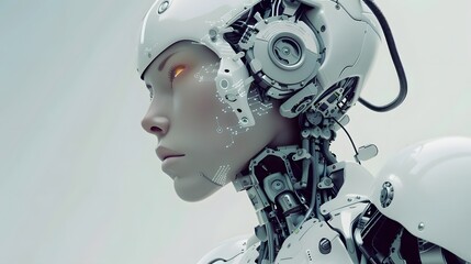 Side View of Human Female Robot with Wires Connected from Body to Head on Blue Background Generative AI Innovation Concept