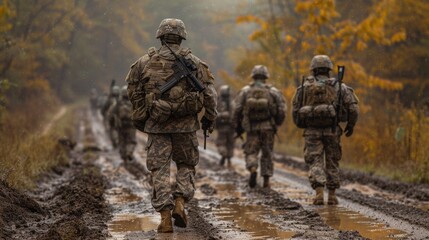 Fototapeta premium USA army soldiers in road in war duty winter season
