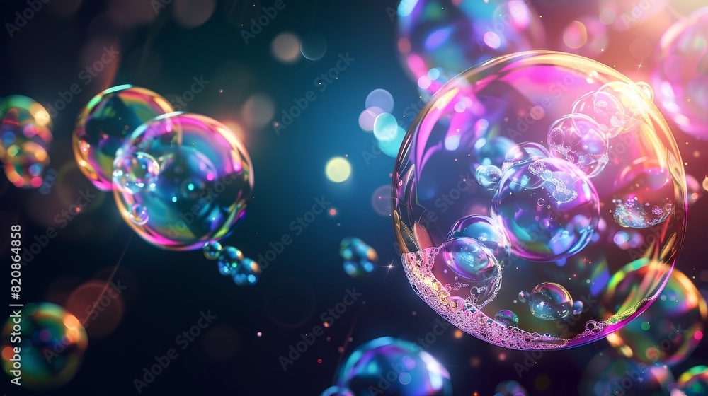 Poster isolated on black background, realistic transparent exploding air spheres of rainbow colors with ref