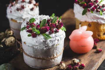 Easter cake with Swiss meringue and  flowers. Easter eggs