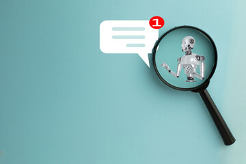 Magnifying Glass Focusing on AI Concept with Speech Bubble: Highlighting Advanced Digital Communication and Artificial Intelligence.