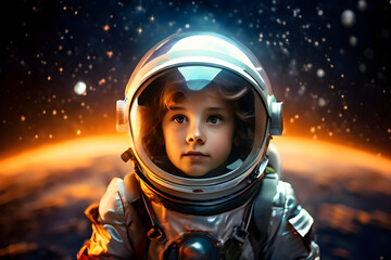 Child Astronaut Suit in Outer Space Aspiring Future Career Job Occupation Concept	Planet Horizon Background
