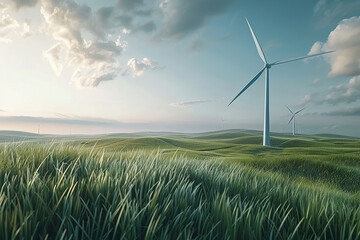 Generative ai on theme of wind power farm with rotation propellers, does not pollute environment