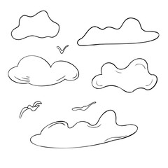 Clouds and birds set of black and white contour vector illustration isolated. Ink silhouette cloudy sky with flying birds hand drawn ink. Simple cartoon birds and cloud outline for coloring