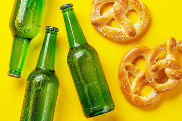Beer bottles and pretzels on yellow background