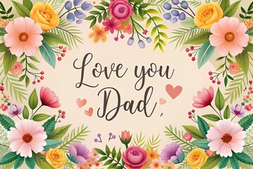 Beautiful Father's Day Card with "Love You, Dad" Floral Border Illustration, Banner, Poster, Background, Gifts, Cards, Greeting