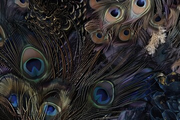 Fototapeta premium Textured background with rich animal themes such as peacock feathers, jellyfish, and animal fu