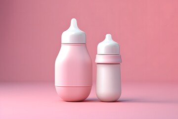 Baby bottle with milk on pink background. 3d render illustration.