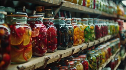 Displays a variety of preserved foods in glass jars, organized on wooden shelves