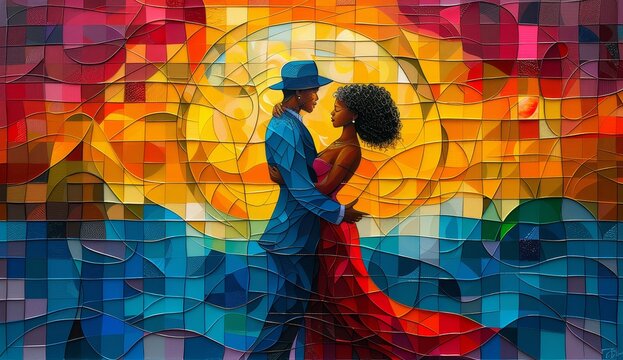 Abstract art of a Cuban couple dancing la Totcha, colorful geometric shapes and lines