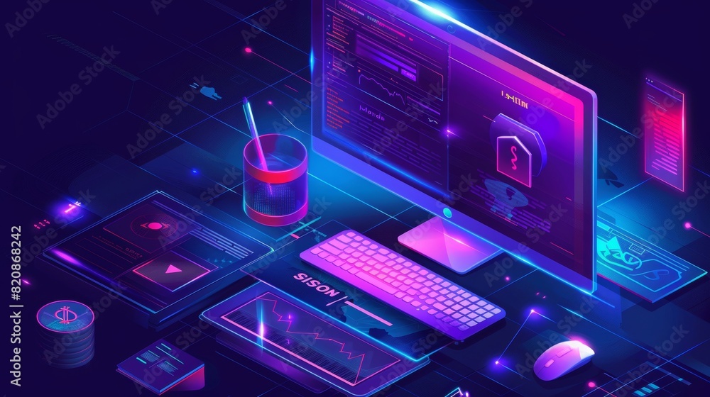 Aufkleber cppc isometric landing page, computer desktop with cursor clicking on ad button, money bill around. 