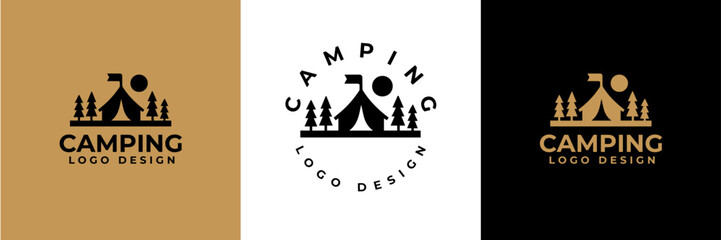 Simple camping logo with tent shape, tree and fire. camping outdoors nature adventure sign or symbol for travel tourism. Vintage summer camping logo.