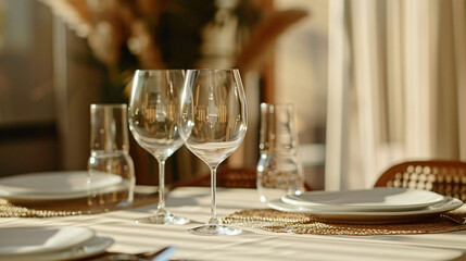 Stylish table setting with glasses on light background