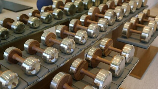 Row of metallic dumbbells neatly arranged on rack. Silver-colored weight on either end connected by brown handle. Background of gym with various other exercise equipment