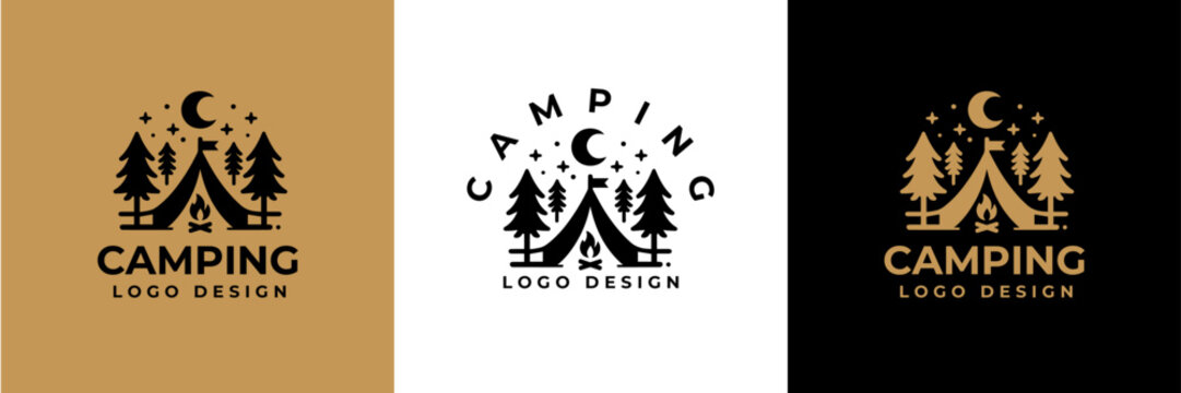 Simple camping logo with tent shape, tree and fire. camping outdoors nature adventure sign or symbol for travel tourism. Vintage summer camping logo.