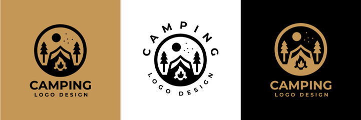Simple camping logo with tent shape, tree and fire. camping outdoors nature adventure sign or symbol for travel tourism. Vintage summer camping logo.