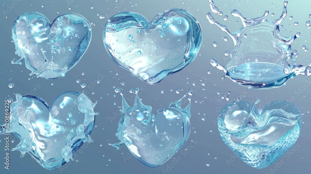 Poster set of realistic modern liquid puddles in the shape of hearts, blobs, yin yangs and clear water drop