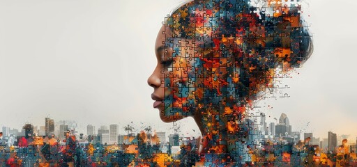 A profile of the human head with colorful puzzle pieces forming an intricate pattern, symbolizing mental health and psychic connection