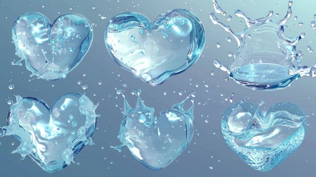 Set of realistic modern liquid puddles in the shape of hearts, blobs, Yin Yangs and clear water drops isolated on transparent background.