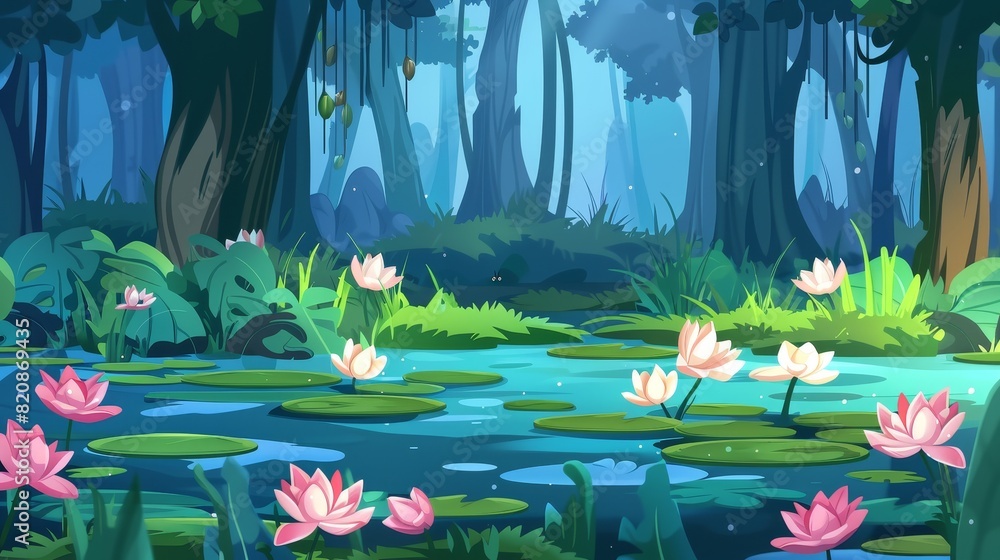 Poster in the forest there is a swamp or lake with lilies on the surface. a forest landscape with marshes i