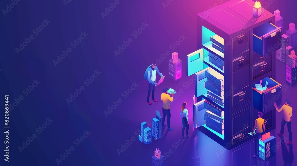 Poster an isometric landing page with documents, as office workers work with a database and archive around 