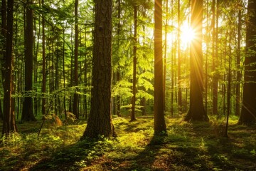 Enchanted Forest with Sunlight Filtering Through Trees: A Serene Woodland Landscape