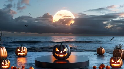 empty podium with ocean background. smokey. halloween pumpkin