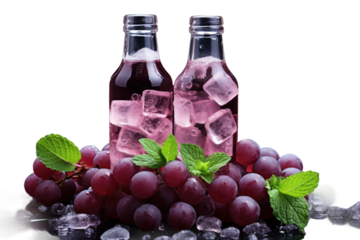 Ambrosial Elixir: Two Bottles of Grape Juice With Ice and Mint Leaves on Transparent PNG Background...