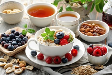 Wholesome Breakfast Spread with Oatmeal and Fresh Fruits: A Healthy Start to the Day