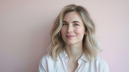 Obraz premium Portrait of a blonde woman against a pastel background