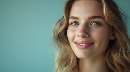Fototapeta premium Portrait of a cute young blonde woman against a green pastel background