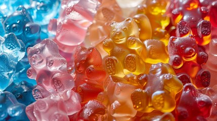 A closeup of gummy bear jellies in various bright colors,