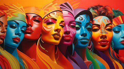 Obraz premium Cultural Mosaic: An Eclectic Blend of Colors Intertwining to Form a Woman's Face