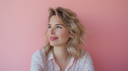 Portrait of a blonde woman against a pastel background