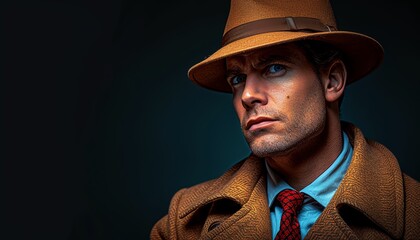 Vintage portrait of a serious man in a brown trench coat and hat, dressed in classic 1940s fashion with a background of dark hues.