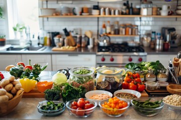 Organized Kitchen Counter with Prepped Ingredients: Ready for Healthy Meal Prep