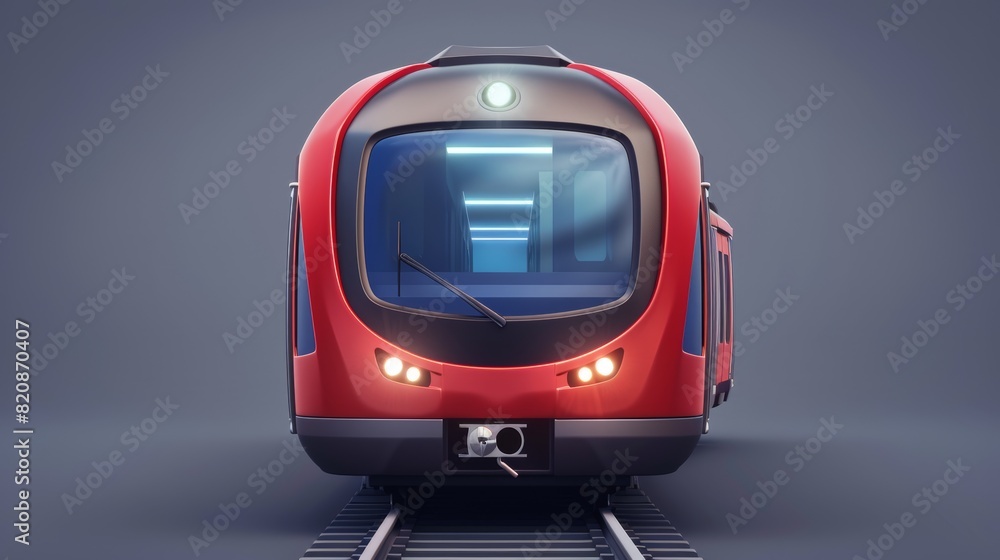 Poster the front view of a train or metro is featured with a subway locomotive on rails with illumination a