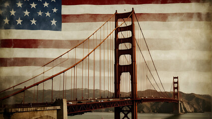 A stylistic image of the Golden Gate Bridge in San Francisco with an American flag superimposed in...